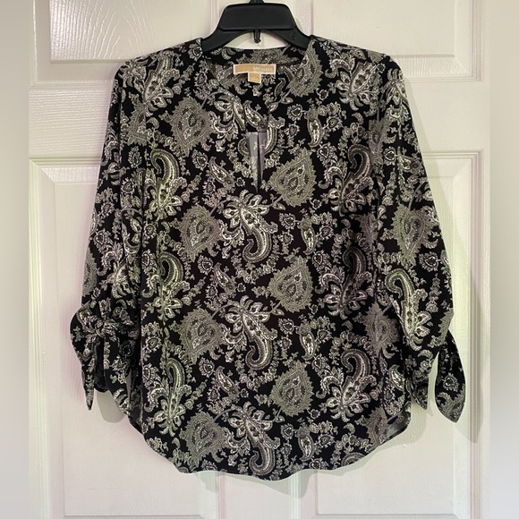 MICHAEL Michael Kors Tops - Michael Kors Womens Black Gray Paisley Tie Sleeve Lightweight Blouse Top Small